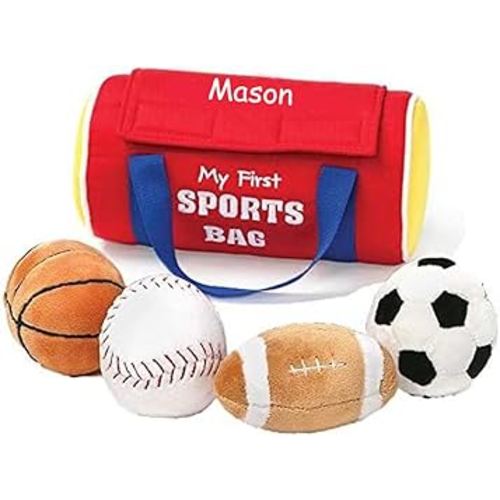 Baby Playset - Sports Ball Gym Bag Playset - Plush Soft Crinkle Rattle Toys Set with Custom Name