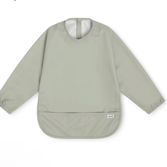 Lalo Long Sleeve Baby Bib, Waterproof, Elastic Cuffs, Large Catch-All Pocket, Recycled Polyester, Ages 6-24 Mo., Sage