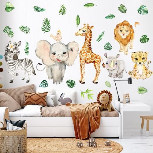 Colarr 2 Sheets Jungle Animals Sun Wall Decals Watercolor Safari Wall Stickers Removable Elephant Lion for Baby Nursery Kids Room Living Room Decor