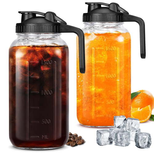 2 Pack 64 OZ Mason Jars with Lid, Glass Pitcher Double Leak Proof with Pour Spout Handle, 2 Quart Wide Mouth Breast Milk Pitcher for Fridge, Creamer Container for Coffee, Sun Tea, Juice