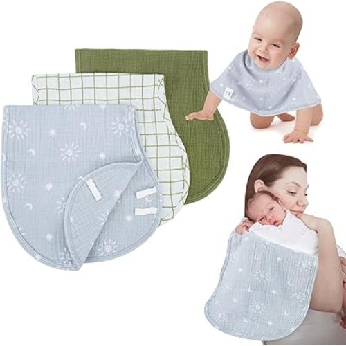 Muslin Burp Cloths with Snaps,Multi-Use Burpy Bib 100% Cotton for Spit Up & Drool,Large 22"X11" Extra Absorbent Burping Cloth for Newborn Boys Girls Essentials,Green