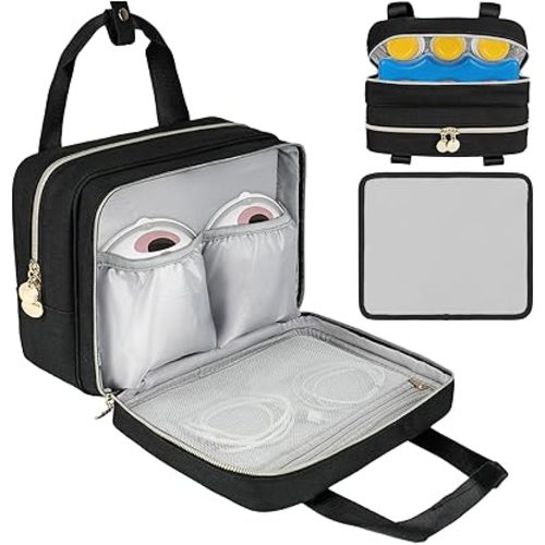 Wearable Breast Pump Bag with Cooler Compartment Compatible with Momcozy M5/S12 Pro, Elvie & Medela Pump in Style, Carrying Case with a Waterproof Mat for Breast Pump and Accessories, Black(Bag Only)