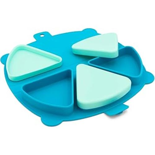 On-The-Go Snack Mat – Baby Silicone Travel Dining Placemat – Portable Silicone Toddler Plate – Reusable Snack Container with 3 Compartments and Lids for 6 months + (Ocean)