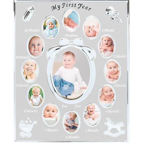 Tiny Ideas My First Year Picture Frame, Baby's First Twelve Months Photo Collage and Gender Neutral Keepsake, Expecting Parents Gift, Ideal for Baby Shower, New Mom Gift and Nursery Decor, Silver Frame
