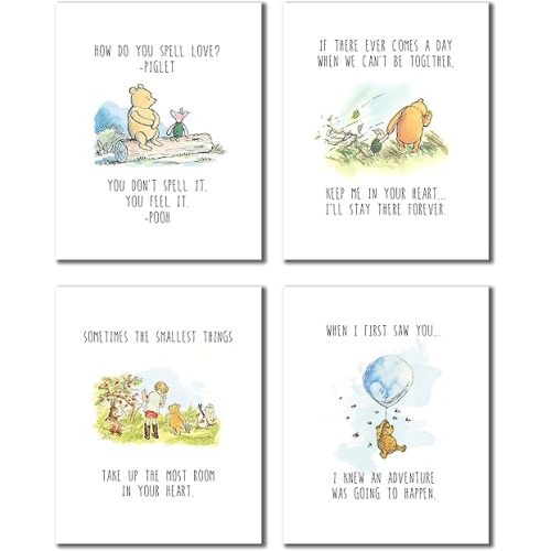 BigWig Prints Winnie the Pooh Wall Art - Classic Winnie the Pooh Nursery Decor, Friendship Quotes, Wall Art Decor Photos Bedroom Playroom, Quotes Prints, Inspirational Sayings -Unframed 4 Pack (8x10)