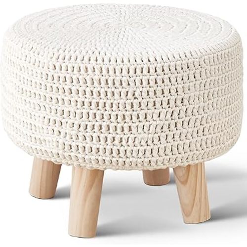 Wimarsbon Pouf Ottoman, 100% Cotton Knitted Boho Footstool, Round Footrest with Non-Skid Wood Legs, Home Décor Handmade Pouffe, Leisure Floor Step Stool for Living Room (Beige)