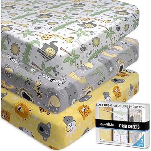 GROW WILD Safari Crib Sheets for Boys (3 Pack) - Soft Jersey Cotton Fitted Baby Crib Sheets | Cute Bed Sheets & Toddler Bed Mattress | Baby Boy Crib Bedding Set | Yellow Grey Elephant & Animals Sheet