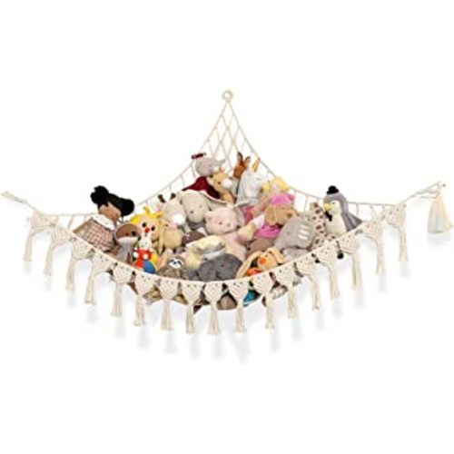 Extra Large Stuffed Animal Storage Hammock Corner with LED Lights – 25LB Capacity Hanging Toy Net for Small or Large Plushies, Boho Macrame Squishmallow, Plush Net, Beige