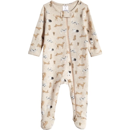 Baby Print Zip Cotton Footie, Beige Oatmeal Dogs
