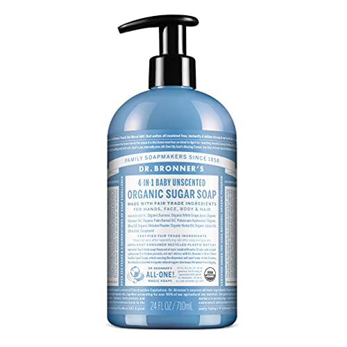 Dr. Bronner's Organic Sugar Soap (Baby Unscented, 24 Ounce) - Made with Regenerative Certified Organic Oils, Sugar & Shikakai Powder, 4-in-1 Use: Hands, Body, Face and Hair- Liquid Soap, Nourishes