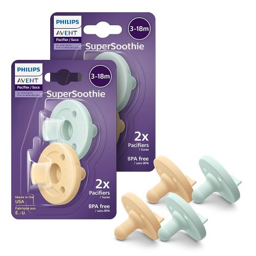 Philips Avent Soothie Orthodontic Baby Pacifiers, 100% Silicone Pacifiers, One Piece, BPA-Free, for Babies 3-18 Months, 2 Green and 2 Yellow, 4 Pack, Model SCF192/72
