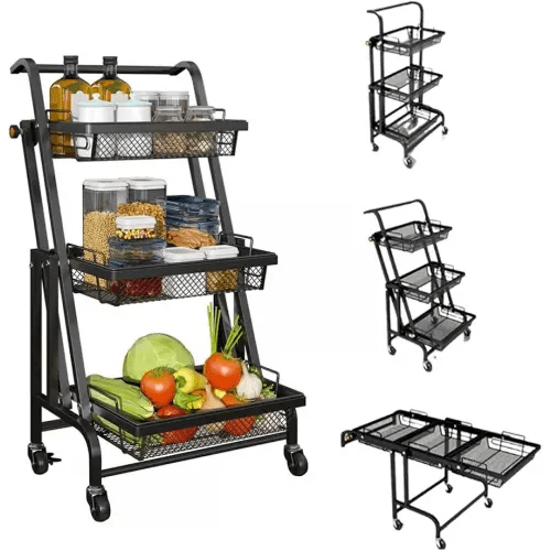 YANQIAO 3 Tier Foldable Rolling Cart, Metal Utility Cart with Lockable Wheels, Moving Easily Closet Organizer, Storage Shelves for Living Room, Kitchen, Bathroom, Bedroom and Office (Black)