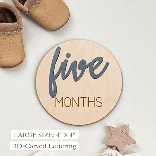 Baby Monthly Milestone Markers Disc, Wooden 3D Milestone Cards for Photos, Baby Announcement Sign,Slate Blue, 1-12 Months, 4 Inches in Size.