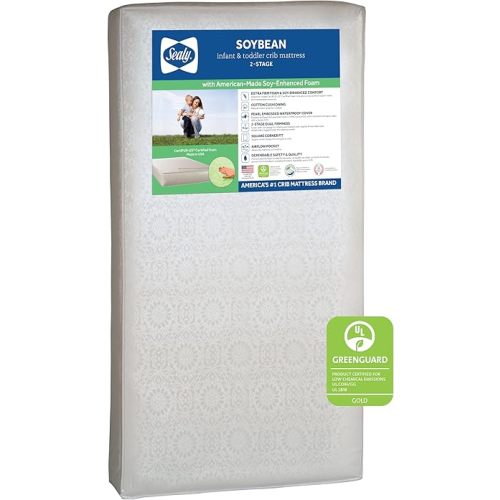 Sealy Baby Soybean 2 Stage Crib Mattress plus Toddler Bed Fit, Premium Hypoallergenic Lightweight Foam, Non Toxic, GREENGUARD Gold Certified, Safety & Quality Tested, Made in USA, 52'X28'