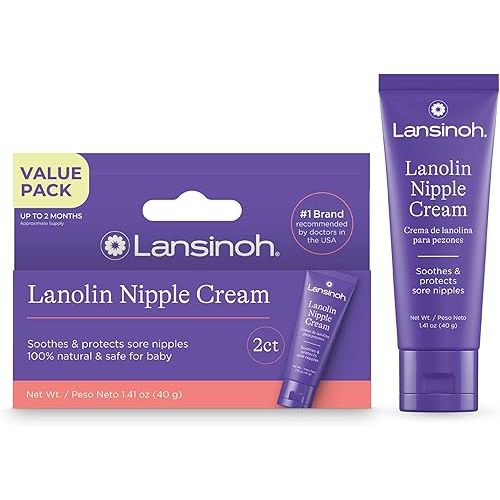 Lansinoh Lanolin Nipple Cream Safe for Breastfeeding Baby, 100% Natural Nipple Butter for Mom, Breastfeeding Essentials, 1.41 Ounces (2 Pack)