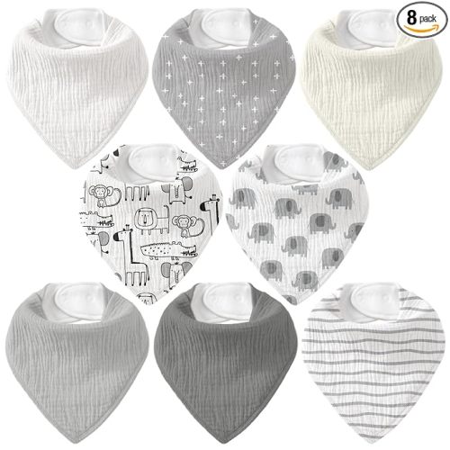 Muslin Baby Bibs 8 Pack, Baby Bandana Drool Bib for Drooling and Teething, Cotton Soft Absorbent for Girls Boys (Grey Animals)