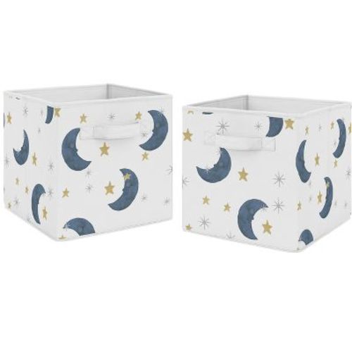 Sweet Jojo Designs Boy Or Girl Gender Neutral Unisex Set Of 2 Kids' Decorative Fabric Storage Bins Bear And Moon Blue Gold And Grey