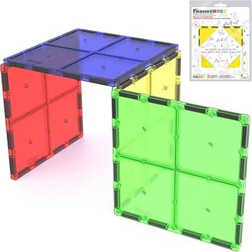 PicassoTiles 4pcs Magnetic Building Block Large Square Shape Magnet Tiles Construction Toy STEM Learning Kit Educational Playset Playboard Pretend Play Stacking Blocks Child Brain Development PTE09