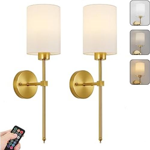 Battery Operated Wall Sconces Set of Two, with Remote Control, Dimmable, Warm White/Natural White/Daylight/RGB, Wireless Rechargeable Wall Light for Living Room, Bedroom, Entryway, Gold