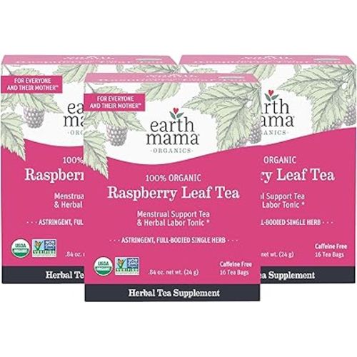 Earth Mama Organic Raspberry Leaf Tea Bags | Labor Tonic & Menstrual Support Herbal Tea, Red Raspberry Leaf Tea for Pregnancy & Postpartum Care Recovery, Caffeine Free Tea, Non GMO, (16 Teabags, 3-Pk)