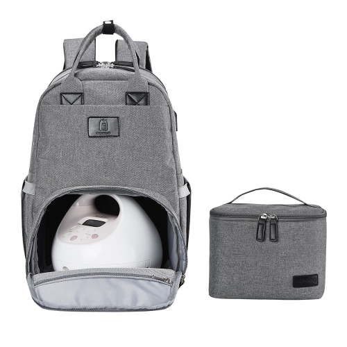 Diaper Bag Breast Pump Backpack - Double Layer for Mother with Insulation Bag Grey