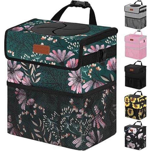 Car Trash Can for Car Cute, Bag Bin Hanging Waterproof Automotive Garbage Cans Leak Proof Vehicle Trash Can Navy Floral