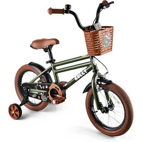 RULLY 12 14 16 Inch Boys' Bike for Kids Ages 2-6, Toddler Bicycle with Training Wheels, Coaster Brake & Handbrake, and Front Basket(Blue Black Green)