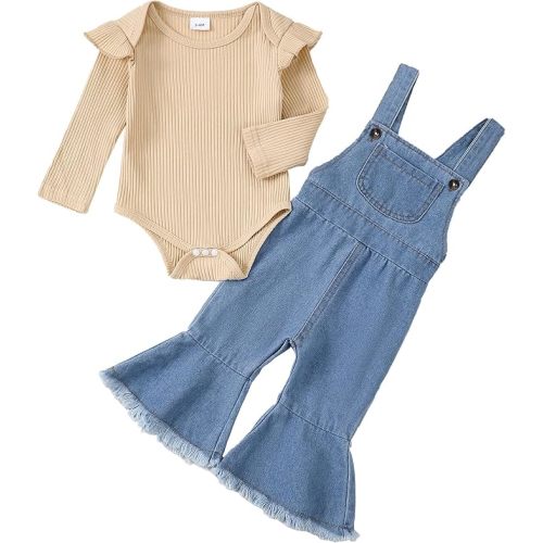 SUNNY PIGGY Baby Girl Newborn Clothes Infant Toddler Outfits Flare Jeans Overall Pant Set Fall Winter 0-4T