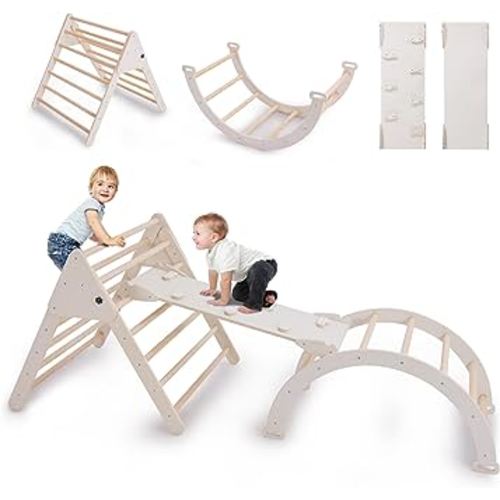 Pikler Triangle Set 5 in 1, Foldable Montessori Climbing Set with Arch, Ramp, and Climbing Triangle, Wood Toddler Climbing toys Indoor,Climbing Toys for Toddlers 2-6 Inside - Natural.