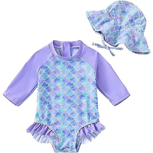Baby Girl Swimsuit Long Sleeve One Piece Rash Guard with Sun Hat Zipper Bathing Suit Size 0-3T
