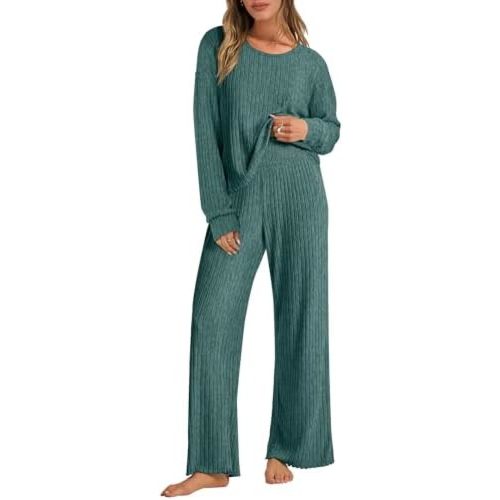 Size XXL Anrabess Women 2 Piece Lounge Pajamas Sets Casual Ribbed Knit Long Sleeve Top Pants Matching Set