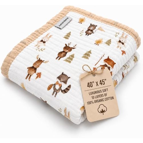 Organic Cotton Muslin Baby Blanket for Boys and Girls - Luxurious Soft Toddler Quilt for Swaddling - Gender Neutral Blanket - Baby and Toddler Gift - Forest Friends