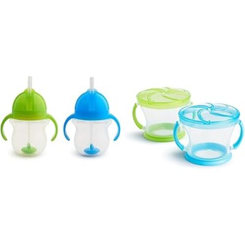 Munchkin® Any Angle™ Weighted Straw Trainer Cup with Click Lock™ Lid, 7 Ounce, 2 Count (Pack of 1), Blue/Green & ® Snack Catcher® Toddler Snack Cups, 2 Pack, Blue/Green