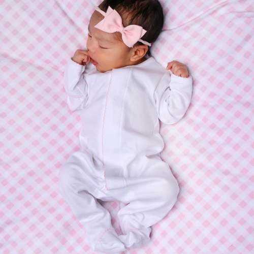 Hospital Outfit - Magnolia Baby Girl White Pima Footie Sleepsuit - Pink Trim