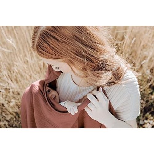 Konssy Muslin Nursing Cover for Baby Breastfeeding, Breathable 100% Cotton Breastfeeding Cover with Rigid Hoop for Mother Nursing Apron, Multi-use Carseat Canopy (Chestnut)
