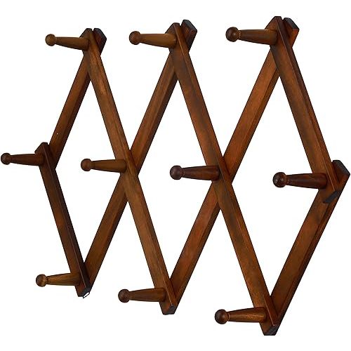 Dseap Accordian Wall Hanger: 16” High Wooden Wall Expandable Coat Rack, Hat Rack Holder, Accordion Hook for Baseball Caps, Coats, Mugs, 10 Peg Hooks, Brown