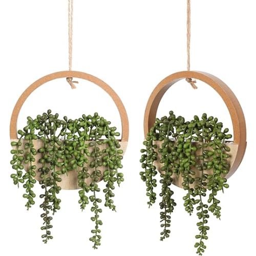 Floweroyal 2pcs Artificial Succulents Hanging Plants 12.2'' Fake String of Pearls in Pot with 8.3'' Lanyard for Indoor Outdoor Wall Decor(Wood Color).