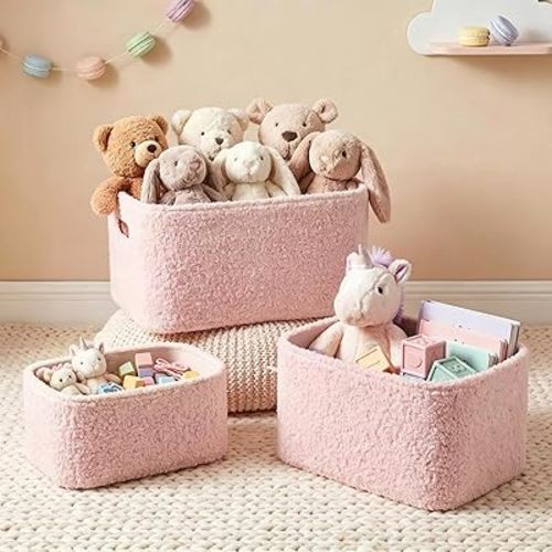 Boucle Storage Baskets Set of 3, Luxury Nursery Organizing Storage Bins, Nesting Shelf Baskets Decorative Boxes for Gifts, Toy Box Holder for Shelf Closet Home Organization, Pink