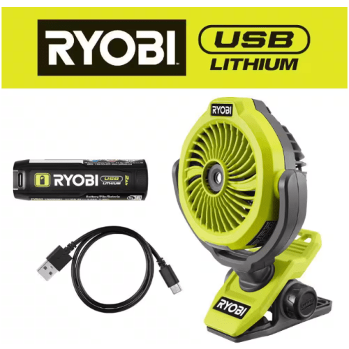 RYOBI USB Lithium Cordless Misting Clamp Fan Kit with USB Lithium 2Ah Battery and Charging Cable FVF55K