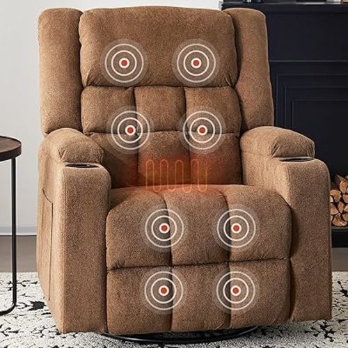 Furnimart 360° Swivel Rocker Recliner Chair for Adult, Manual Recliner Chair with Massage and Heat, Comfy Chenille Glider Rocker for Living Room, Bedroom, Home Theater (Brown)