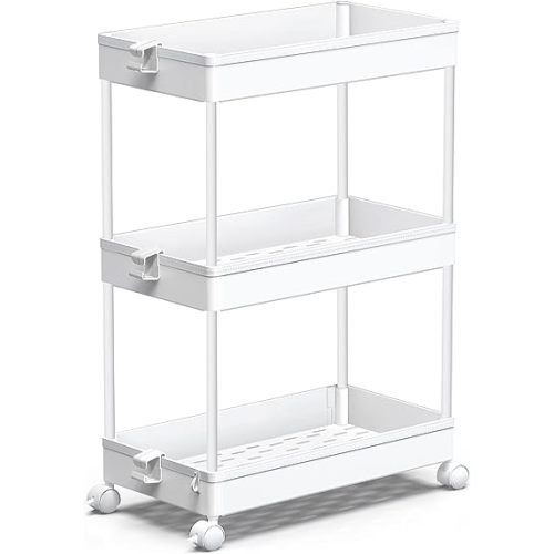 SPACEKEEPER Rolling Storage Cart 3 Tier, Bathroom Cart Organizer Laundry Room Organizer Utility Cart Mobile Shelving Unit Multi-Functional Shelves for Office, Kitchen, Bathroom, White
