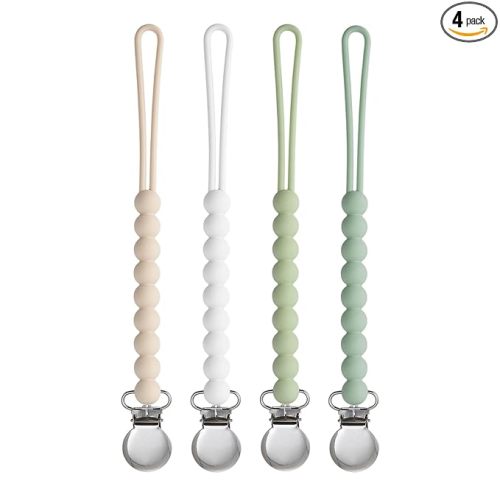 Pacifier Clip for Boys Girls - MORIBOX 4 Pack Paci Clip Soothie Baby Binky Holder for Shower Gift Birthday (Beige+White+Lgreen+Sage)