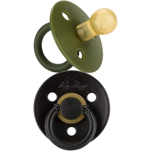 Itzy Ritzy Natural Rubber Pacifiers Set of 2 – Natural Rubber Newborn Pacifiers with Cherry-Shaped Nipple & Large Air Holes for Added Safety; Set of 2 in Camo & Midnight, Ages 0 – 6 Months