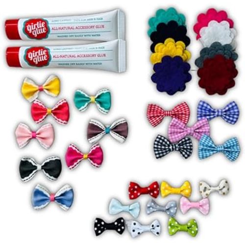 Girlie Glue and 30 stick-on accessories, Gentle Hair, Skin Adhesive for Babies & Pets, Non-Toxic, Long Lasting, Dries Clear, Washes Off with Water. 2 Tubes