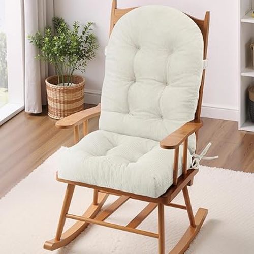 Rocking Chair Cushion - Plaid Corduroy Fabric, High-Density Sponge, Durable Comfort Non-Slip Bottom Tufted Seat Pads with Ties, Plaid Corduroy︱White, 44x19x4 inch