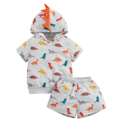Suealasg Boys shorts set dinosaur print top hooded short sleeve t-shirt toddler Elastic Waist Shorts summer 2Pcs outfits 1-6T