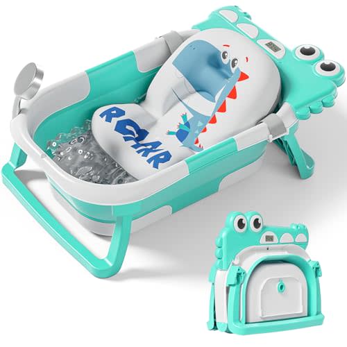 TPN Collapsible Baby Bathtub for Infants to Toddler with Real-time Temp Monitor+Floating Cushion,Foldable Baby Bath Tub Set Applicable 0-36 Month,Perfect Portable Travel Baby Tub for Newborns Boy
