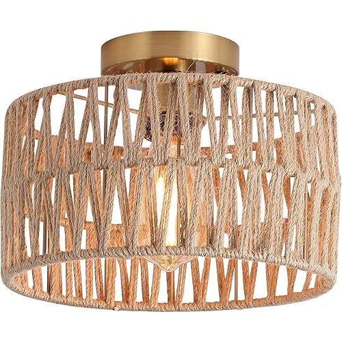 Coastal Antique Gold Woven Flush Mount Light Fixture Rustic Boho Hemp Rope Brass Semi Flush Mount Ceiling Light for Hallway Bedroom Farmhouse Kitchen Entryway Hall
