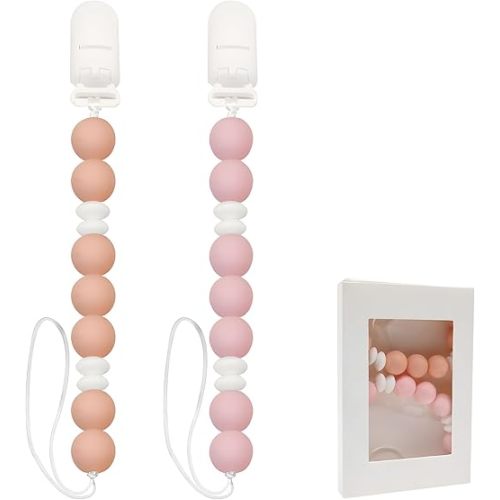 2PCS Baby Silicone Pacifier Clips, Neutral Soother Clips, BPA Free Pacifier Holder for Newborn Baby Boy Girl Gifts (Pink)