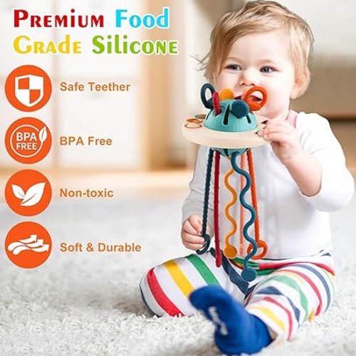 Baby Montessori Toys for 6-12 12-18 Months, Food Grade Silicone Pull String Toys for 1 Year Old, Travel Toys Sensory Toys for Toddlers, Gift for Boys & Girls 8 9 10 Months - Blue